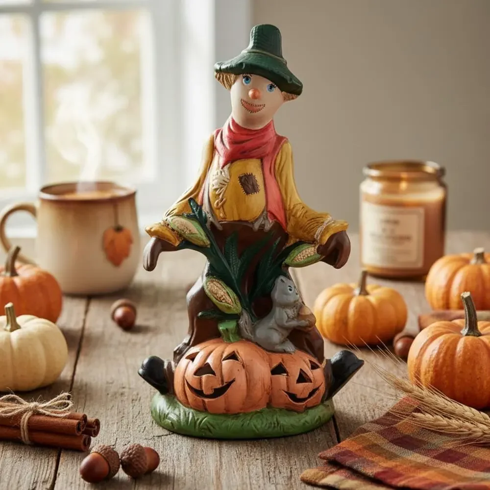 Vintage Ceramic Scarecrow & Pumpkin Luminary | 1970s/80s Halloween Decor